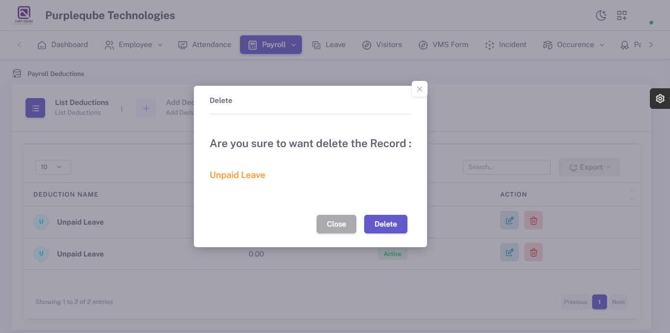 Delete confirmation dialog asking Are you sure to want delete the Record with deduction name Unpaid Leave highlighted in orange